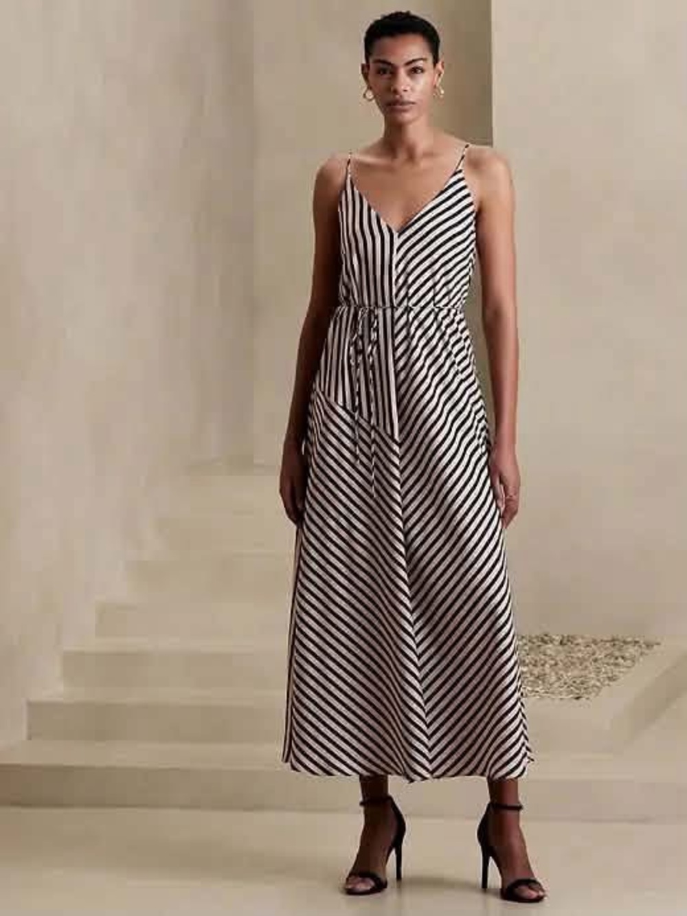 Banana Republic Black and White Striped V-Neck Maxi Dress